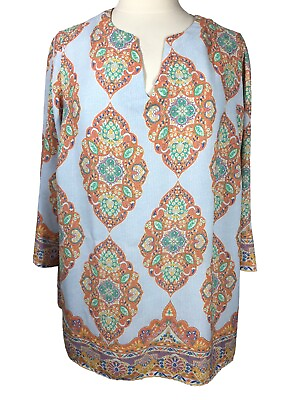 #ad Cynthia Rowley Womens Plus Size 2X Boho Mandala V neck Tunic Blouse FLAW $15.83