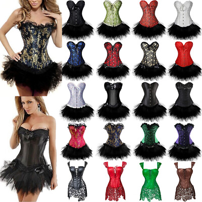 #ad Women Burlesque Overbust Corset Bustier Top Mini TuTu Skirt Dress Costume Gothic $26.79