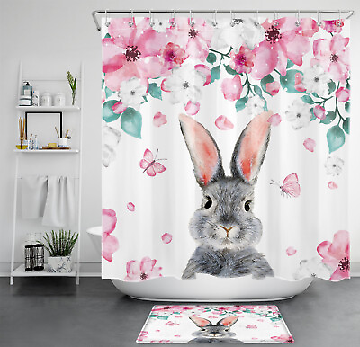 #ad Botanical Leaf Pink Floral Grey Rabbit Shower Curtain Bathroom Accessories Set $12.99