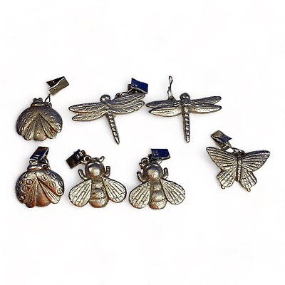 #ad Pewter Silver Tone Butterfly Lady Bug Dragon Fly Bee Charm Pendants Lot of 7 Vtg $12.95