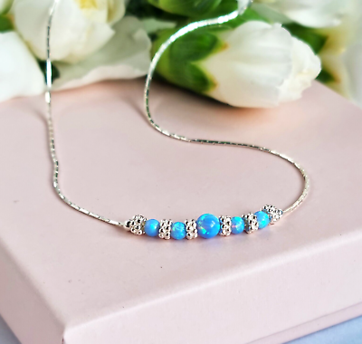#ad OPAL Fire Blue 925 Sterling Silver chain Necklace Birthstone GBP 29.00