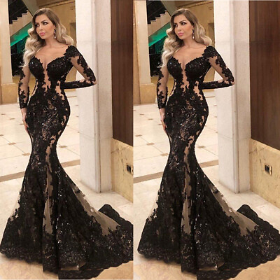 #ad Black Evening Dresses Mermaid Long Sleeve For Party Cocktail Gown Sweep Train $156.39