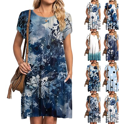 #ad Women#x27;s Summer Petal Sleeve Dress Casual Round Neck Pockets Ink Painting Dress $13.50