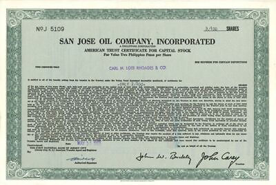 #ad San Jose Oil Co. Incorp. Philippines Oil Stock Certificate Oil Stocks and B $15.00
