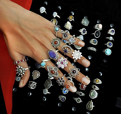 #ad Natural Gemstones Handmade Solid 925 Sterling Silver Boho Rings Mix Lot Jewelry $205.00