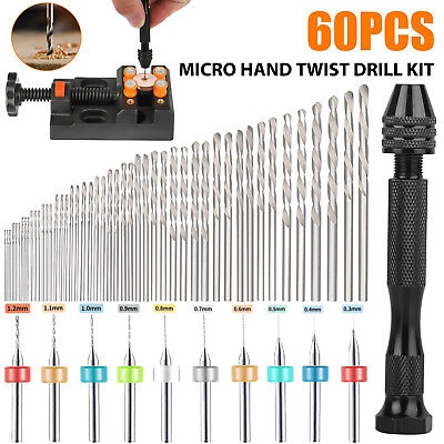 #ad 60Pcs Mini Micro Hand Drill Bits Set Small Manual Keyless Chuck Pin Vise Rotary $14.98