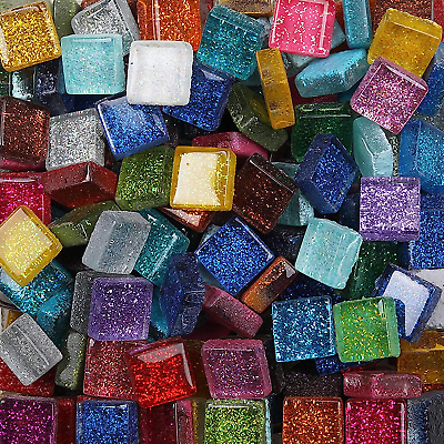 #ad 200 Pieces 200G Glass Square Mosaic Tiles for Crafts Colorful Stained Glass Pie $17.95