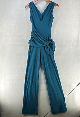 #ad Dress The Population Womens Rib Jumpsuit XS Blue Sleeveless BowTie Casual V Neck $99.96