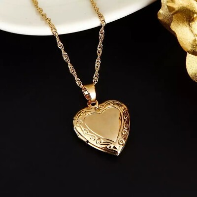 #ad 24K Gold Plated Small Heart Locket Pendant Necklace Photo Picture 18” N64 $19.99