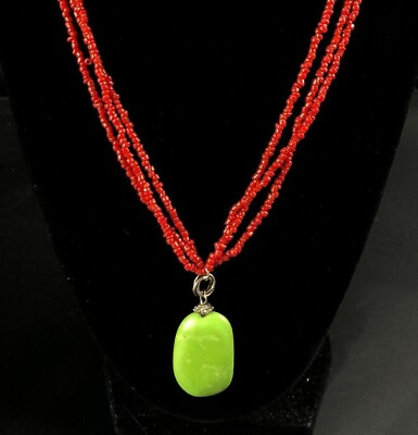 #ad Vintage Red Glass Seed Bead amp; Green Stone Pendant Necklace Boho Tropical Retro $40.80