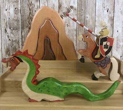 #ad Bran Castle Wooden Toy Dragon Knight Horse Montessori Waldorf Puzzle Stack Play $24.99