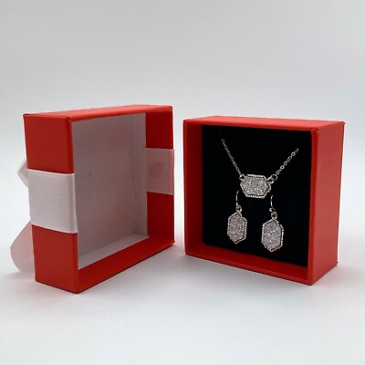 #ad Classic Hexagonal Oval Druzy Crystals Quartz Silver Necklace amp; Earring Set NIB $14.95