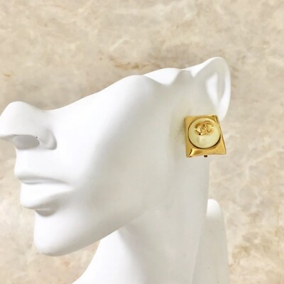 #ad CHANEL Earrings AUTH Coco CC Logo Mark Rare Vintage Gold trapezoid Pearl used $490.00