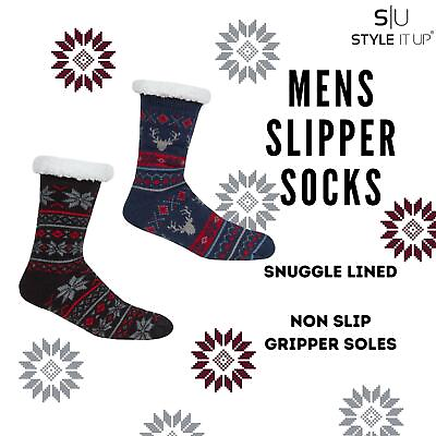 #ad Fairisle Knitted Lounge Socks Mens Fleece Lined Anti Slip Slipper Socks Gift GBP 8.99