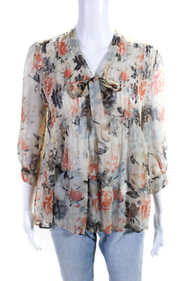 #ad Joie Womens Floral Chiffon Pleated V Neck 1 2 Button Blouse Top Beige Size M $42.69