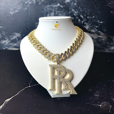 #ad Fully Iced Out Miami Cuban Chain 20mm Heavy Brass Chain with RR Pendant Bling $154.99