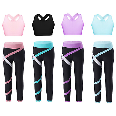 #ad Girls 2 Pcs Sports Outfit Crop Top with Leggings Gymnastics Dance Athletic Sets $16.55