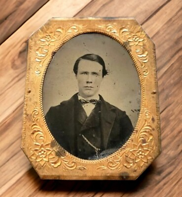 #ad TinType Civil War Era Man Bow Tie Pocket Watch Photo Daguerreotype 1800s Copper $42.20
