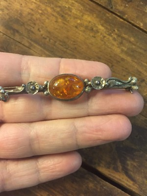 Vintage Sterling Silver AMBER Bar Brooch Pin Art Nouveau Style $65.00