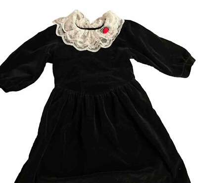 #ad Sears Vintage 70s Black Velvet Lace Bib Hem Trim Cottagecore Girls Dress 6 $16.98