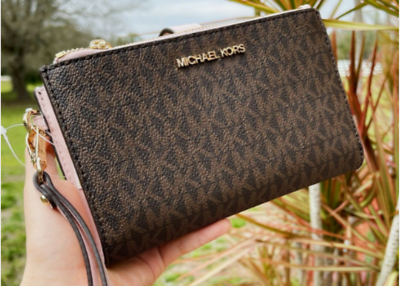 #ad Fashion Michael Kors Wallet Wamen Double Zip Phone Wristlet Brown Powder Blush $38.99
