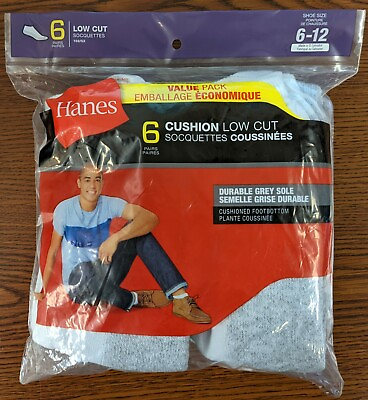 #ad ONE HANES PACK OF 6 PAIR MENS CUSHION LOW CUT SOCKS WHITE GREY SIZE: 6 12 $11.89
