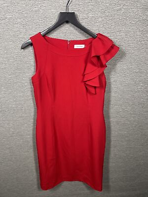 #ad Calvin Klein Red Side Ruffle Sleeveless Sheath Dress Size 8 $22.95