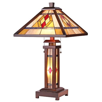 #ad Tiffany Style Arts amp; Crafts Mission Wooden Lighted Base Table Lamp 15quot; Shade $279.22