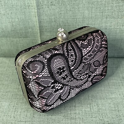 #ad Womens Box Purse Small Pink Covered in Black Lace Ball Clasp Close Approx 5quot;x4quot; $16.00