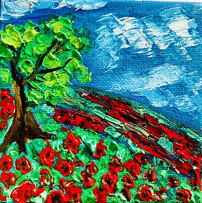 #ad Wildflowers Poppies Painting Original Landscape Field Mini Oil Impasto Artwork $32.50