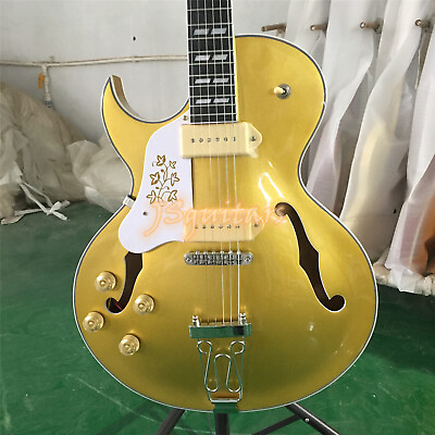 #ad Hollow Body Left Handed Metallic Gold Electric Guitar P90 Pickup Chrome Part $302.25
