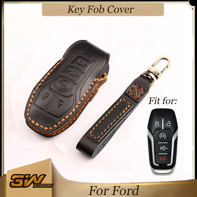 #ad Leather Key Cover Remote Engine Start Fob Smart For 2015 2017 Ford F150 5 Button $17.99