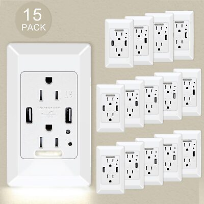 #ad 15× LED Night Light Wall Socket 2 USB Ports 2 AC Outlet Duplex Receptacle Cover $224.87