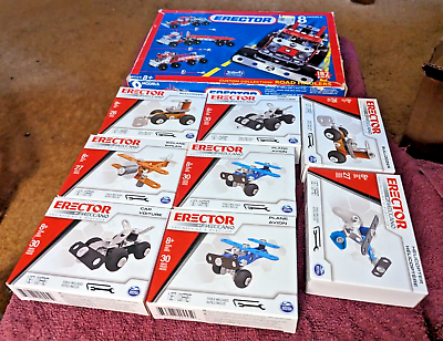 #ad 9 LATER ERECTOR BOXES W EXTRA PARTS TOOLS AND HARDWARE MANY FACTORY SEALED PKGS $9.95