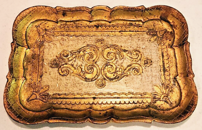 #ad Beautiful Handmade Rectangle Gold Tone Tray Wooden made in Florence Italy 10x7 $16.75