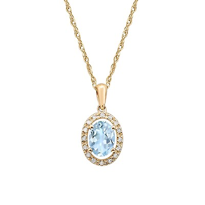 #ad 10k Yellow Gold Oval Aquamarine and Diamond Halo Necklace $143.99