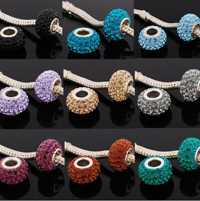 #ad Rhinestone Crystal Swarovski European Charm Beads Silver Plated Pick Color New $6.99