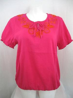 #ad Lane Bryant Size 14 16 Pink Short Sleeve Crinkle Cotton Embroidered Peasant Top $9.99