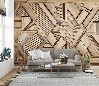#ad 3D Wooden Geometric Wallpaper Wall Mural Removable Self adhesive 383 AU $349.99