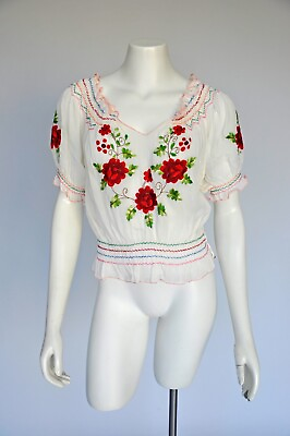 #ad Vintage 1930s Floral Rose Embroidered Hungarian Folk Blouse Shirt Boho XS M $268.00
