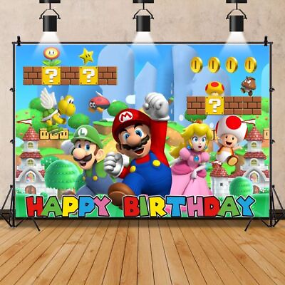 #ad Super Mario Bro Backdrop Boys Birthday Party Photo Background Banner Decoration $44.52