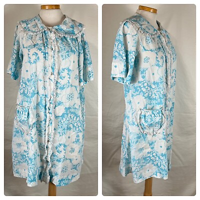 #ad Vintage 70s Blue Floral Miss Elaine Cotton House Dress Robe Snap Front Ruffle M $24.99