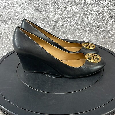 #ad Tory Burch Heels Women#x27;s Size 8 Slip On Round Toe Pump Black Leather $59.99