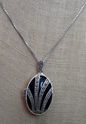 #ad Art Deco Revival Black Enamel Marcasite Sterling Silver Locket Necklace 18quot; $37.99