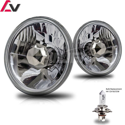 #ad Pair 5quot; Round Head Lights Clear Conversion Headlamp Chrome Halo Front Lamps Bulb $29.99