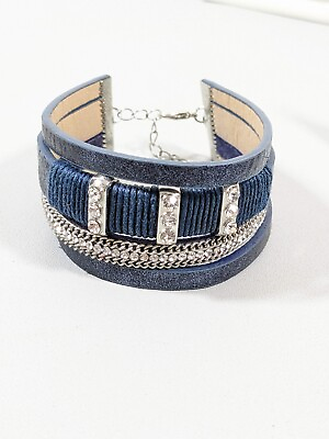 #ad Silver Tone Blue Faux Leather Crystal Band Bracelet 9 inches $5.59