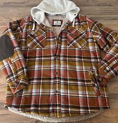 #ad Legendary Whitetails Sherpa Lined Burnt Orange Flannel Plaid Hoodie Jacket L Men $29.99
