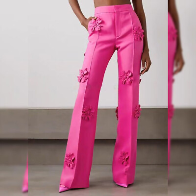 #ad Fashion Womens Flower Decoration Pants Suit Pants Runway Trousers Sz $109.11