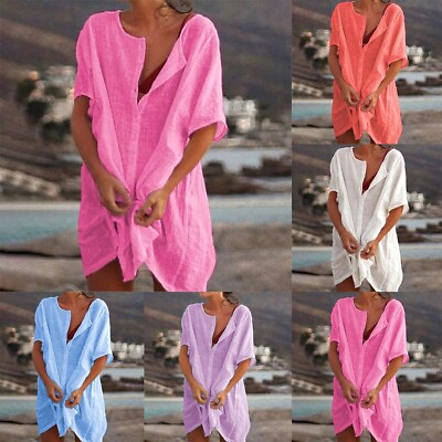 #ad Women Dress 1pcs Cotton Blend Dress For Lady Kaftan Loose Plus Size Shirt Dress $22.39