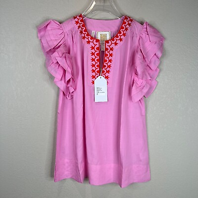 #ad NWT Emily McCarthy Maggie Top Blouse Pink Embroidered Flutter Sleeve XS S M L XL $60.00